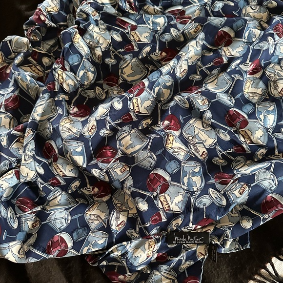 Nichole Miller large square Silk scarf, navy background, wine glass print. - Picture 2 of 3